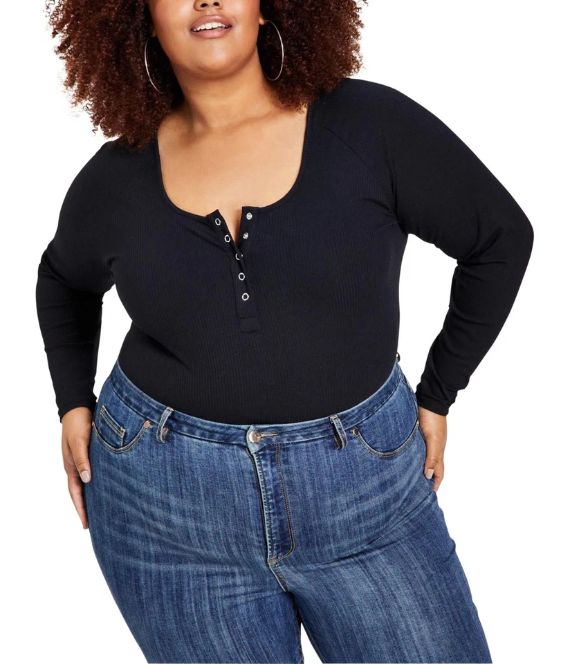 Mono body acanalado Henley Nina Parker para mujer, negro, talla grande, 3X Foto 1 de 1