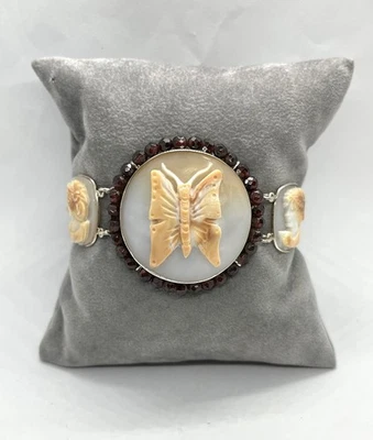 Bracciale in Argento 925 Con Cammei Corniola  20/35mm E Garnet 4mm - Farfalla - Immagine 1 di 4