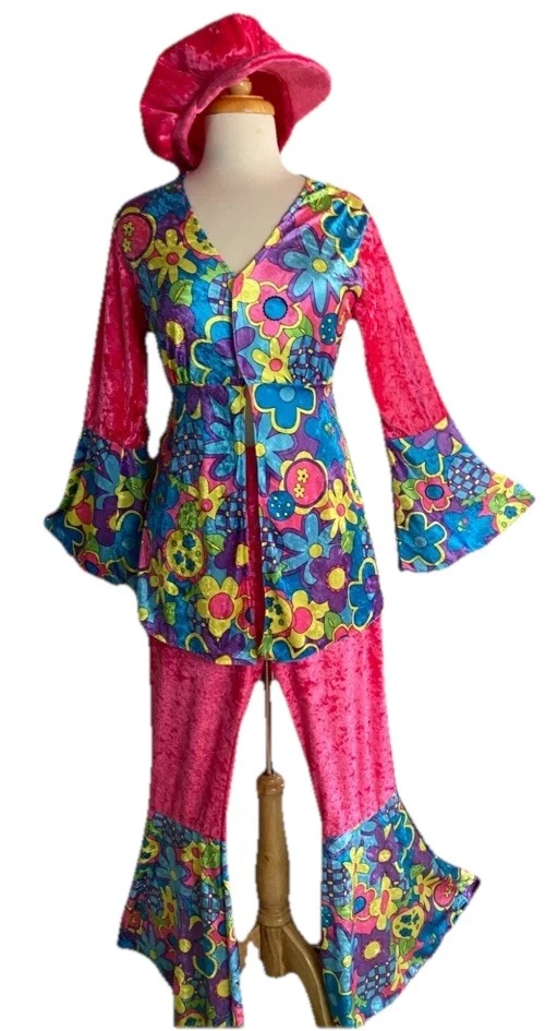 FATO HIPPIE chique anos 70 FLOWER POWER LRG rosa azul parte de baixo de sino CHAPÉU GROOVY G - Imagem 1 de 4