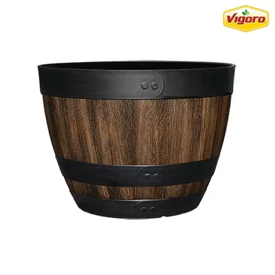 Large Resin Planter Garden Flower Plant Pot Walnut Barrel Gardening Pots 16 inch - Image 1 of 4