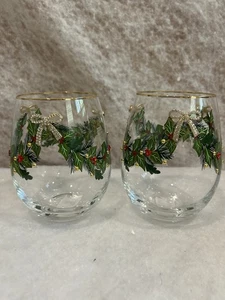 2x Christmas Garland Stemless Wine Glasses Painted Rhinestone Bow Gold Rim - Picture 1 of 3