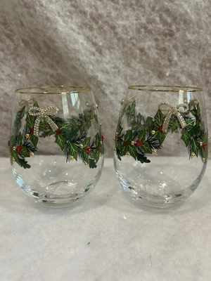 2x Christmas Garland Stemless Wine Glasses Painted Rhinestone Bow Gold Rim - Image 1 of 3