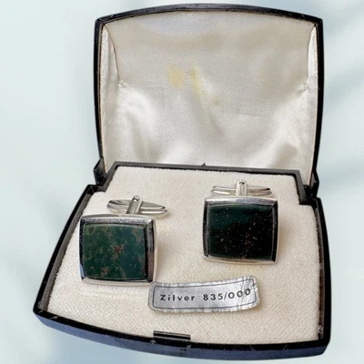 Abotoaduras de pedra prata década de 1960 835 na caixa original - Imagem 1 de 3