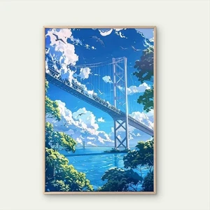 Vibrant Bridge Scene Lush Greenery Blue Poster Premium Quality Choose Your Size - Picture 1 of 4