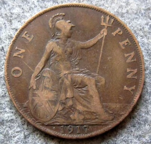 GREAT BRITAIN GEORGE V 1917 ONE PENNY, SEATED BRITANNIA Bronze km# 810 - Picture 1 of 6