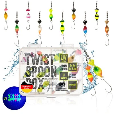 ANGELHERZ® Twist Spoon Box - 12 Forellenköder mit UV-Farben, 6x4g & 6x2,8g - Bild 1 von 4