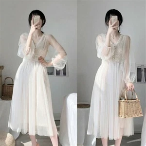 Ladies Lace Dress Puff Sleeve V-Neck Dress Vestidos Elegant A-Line Ladies Women - Picture 1 of 13