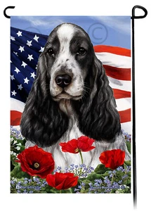 Patriotic Flowers Garden Flag - Black and White English Cocker - Picture 1 of 1