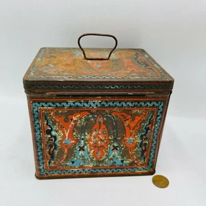 Caja de lata de galletas con bisagras rojo azul diseño Art Nouveau antiguo Uneeda Nabisco - Imagen 1 de 7