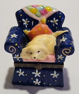 Ceramic Trinket Box "Blue Chair & Dog" Ring Earring Jewelry Pill - Picture 1 of 7