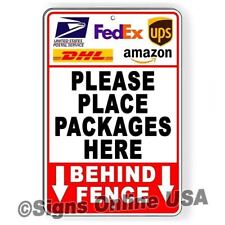 Deliver Packages Here Behind Fence Arrows Down Sign / Decal   /  Delivery /