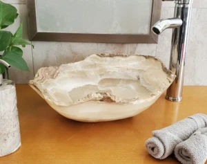 Stone Vessel Bathroom Sink, 14.5 x 10.5 inch Ivory Onyx Small Sink - Picture 1 of 12