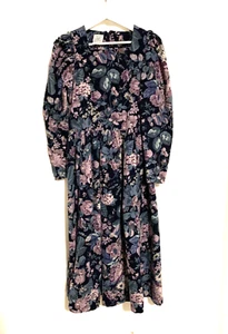 Vtg Laura Ashley Womens Dress 8 Corduroy Black Floral Long Cottage Party - Picture 1 of 12