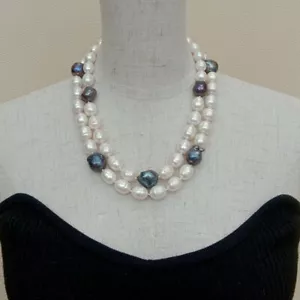 2 Reihen kultivierte schwarze Keshi-Perle weiße Reisperle Halskette für Frauen Schmuck - Bild 1 von 11