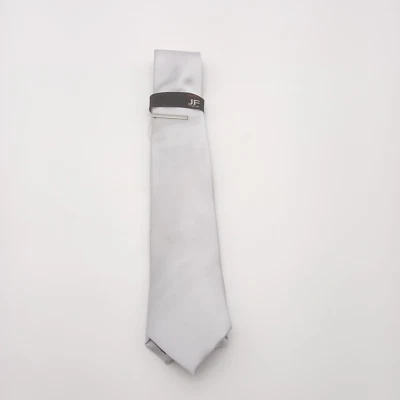 J. Ferrar Men's Neck Tie W/clip Silver Solid Narrow Polyester Microfiber NEW - Image 1 of 4