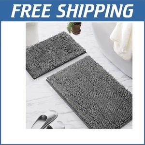 Stylish Thick Non-Slip Bathroom Rug Set, Dark Grey Chenille 36x24 & 32x20 Sizes - Picture 1 of 10