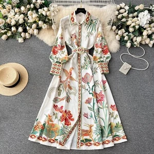 New Fashion 2024 Bohemain Holiday Dress Women's Long Lantern Sleeve Single - Picture 1 of 2