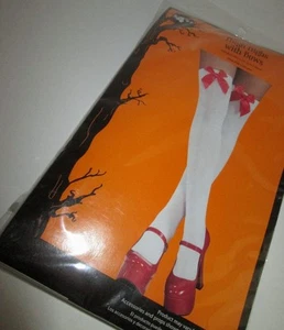 Adult White THIGH HIGH Stockings w/ RED BOWS One Size NEW Costume TIGHTS Hosiery - Picture 1 of 1