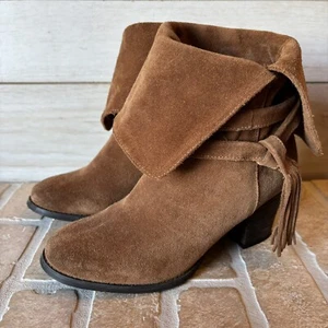 Sbicca Vintage Collection Brown Suede Leather Boho Heeled Fringe Boots Size 8.5 - Picture 1 of 12