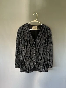 Blazer para mujer Saks 5th Avenue Rick Lang talla 8 estrás disco cebra - Imagen 1 de 12