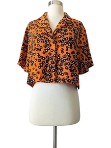 TOPSHOP Top Blouse Orange Black Floral Crop Button Down Sz 8 - Picture 1 of 5