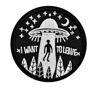 I WANT TO LEAVE IRON ON PATCH 3" Flying UFO Alien Abduction Embroidered Applique - Image 1 of 4