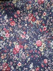 4Yds+ (2 Pcs) Vintage Fabric On Navy Blue W/Pink, Red, Blue, Off White Flowers - Picture 1 of 4