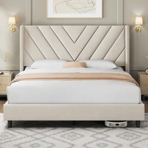 Base De Cama Queen Beige Con Cabecera De Madera Moderna Plataforma En Oferta New - Picture 1 of 9