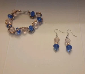 Handgefertigt Rosa Blau Geometrisches Design Glas Perlen Armband Ohrring Set W Lob C - Bild 1 von 8