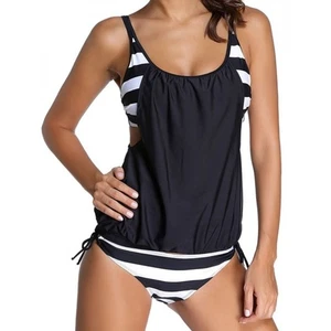 Splicing Strap Striped Double Up Bikini Sexy Two Piece Tankini Swimsuit XL - Picture 1 of 9