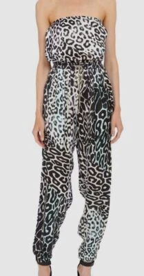 $450 Just Cavalli Women Black Satin Leopard Pleated Silk Jumpsuit IT 40/US 4 - Image 1 of 4