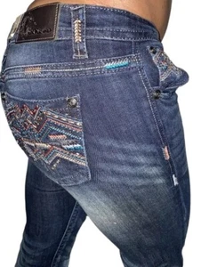 Grace In LA NEW Rhinestone Metallic Logo Embroidered Bootcut Denim Women Jean 28 - Picture 1 of 6