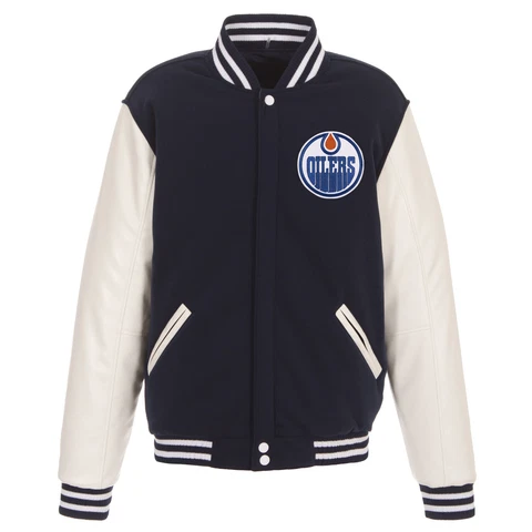 NHL Edmonton Oilers Reversible Fleece Jacket PVC Sleeves 2 Front Patches Logo Cover