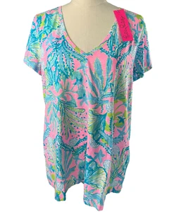 Camiseta Lilly Pulitzer Rosa Mandevilla Bebé Cadera Náutica Cuello en V Algodón Grande NUEVA - Imagen 1 de 7