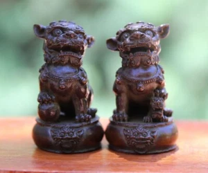 China Red Copper Feng Shui Foo Dog Lion Beast Kylin pi xiu Base Statue A pair - Picture 1 of 7