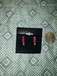 10K Yellow Gold Ruby & Diamond J Hoop Earrings Estate.  - Picture 1 of 8