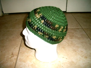 Adult HANDMADE Crochet Skull Cap Kufi Beanie Hat GREEN W/ CAMOUFLAGE STRIPES - Picture 1 of 4