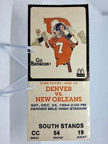 December 24, 1994 Denver Broncos vs New Orleans Saints Ticket Stub Pair Cover