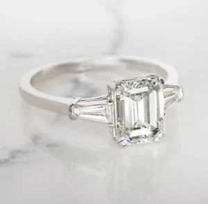 Crystal Clear Emerald & Baguette Cut 2.6CT CZ In 10k White Gold Three Stone Ring - Picture 1 of 5