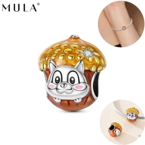 MULA Emaille Eichhörnchen Haselnuss 925 Sterling Silber Charm CZ DIY für Armband - Bild 1 von 11