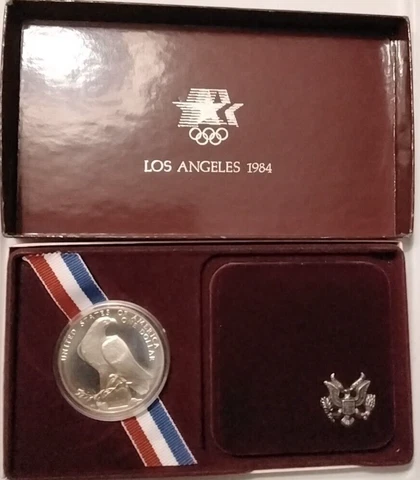 1984 US Olympic Silver Dollar Proof Coin with Box & Original Paperwork Cover