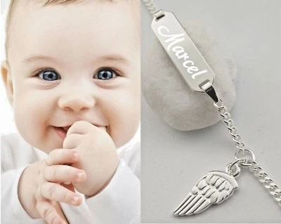 MARKENLOS Engel Baby ident Armkette Armband Wunsch Gravur Name Echt Silber Engelsflügel