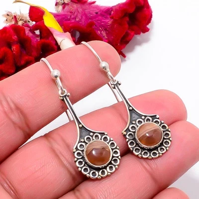 Honey Rhodochrosite - Argentina Oxidised 925 Sterling Silver Earring 1.95" Sku52 - Image 1 of 4