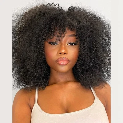 Pelucas de cabello afro humano con flequillo pelucas rizadas para mujeres negras sin encaje pelucas delanteras Foto 1 de 4