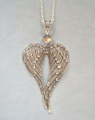 Large Guardian Angel Wings Silver Crystal Pendant 32" Long Chain Necklace - image 1 of 4