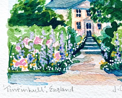 Tintinhull Jardín Acuarela 8x10" Reino Unido Mansión Arquitectura Casa Flores Años 80 Arte Foto 1 de 4