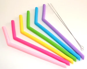 Silicone Straws Bent 6 Wide Smoothie Straw Brushes Reusable ThickShake Drinking - Picture 1 of 5