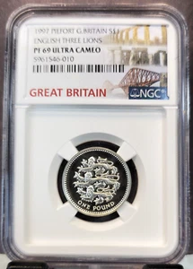 1997 GREAT BRITAIN SILVER 1 POUND PIEFORT LIONS NGC PF 69 ULTRA CAMEO TOP POP - Picture 1 of 3