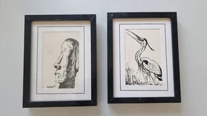 2 dessins encadrés signé Moai héron oiseau. Engraving signed animal bird - Imagen 1 de 12