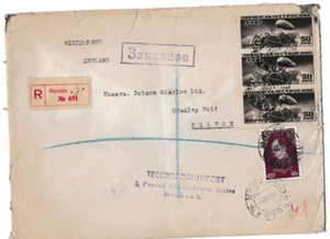 NS22 SUPER 1937 RUSSIA REGISTERED MIXED FRANK COVER 3 ZEPPELIN STAMPS TO GB - Picture 1 of 2